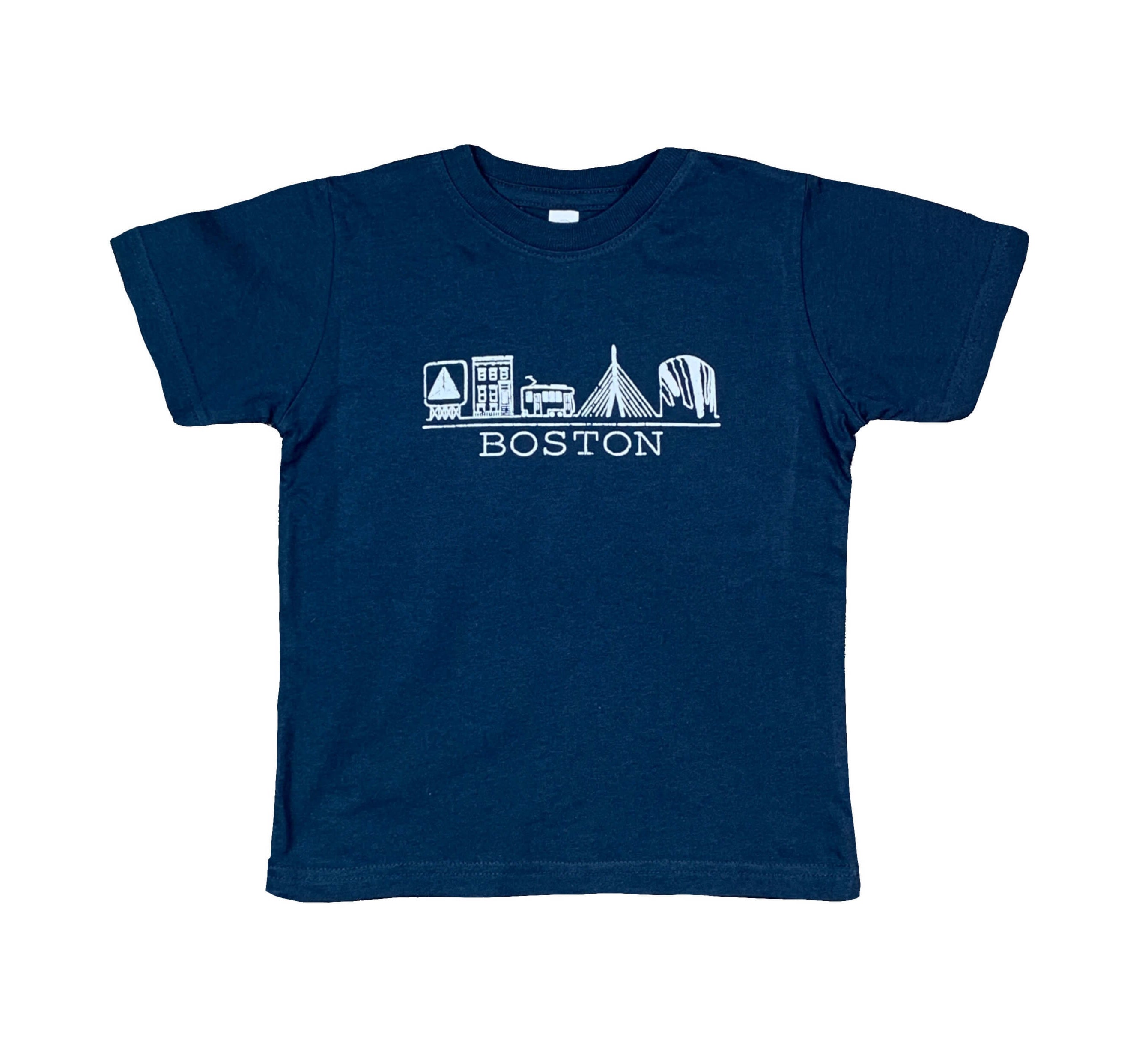 Blue cotton toddler t-shirt with white chest graphic containing hand drawn Boston Massachusetts familiar sights